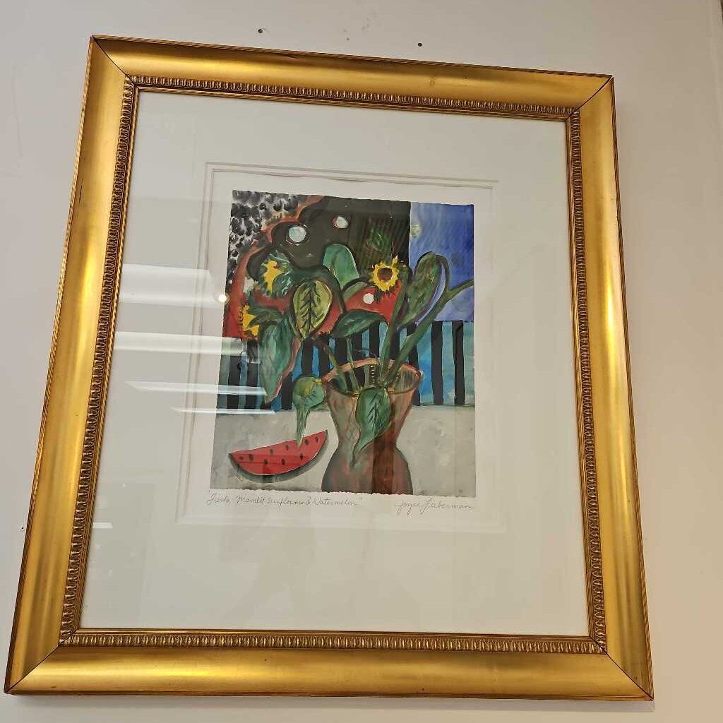 "Fiesta Moon Lit Sunflowers & Watermelon" By Joyce Lieberman, Watercolor on Paper 32.75 x 37