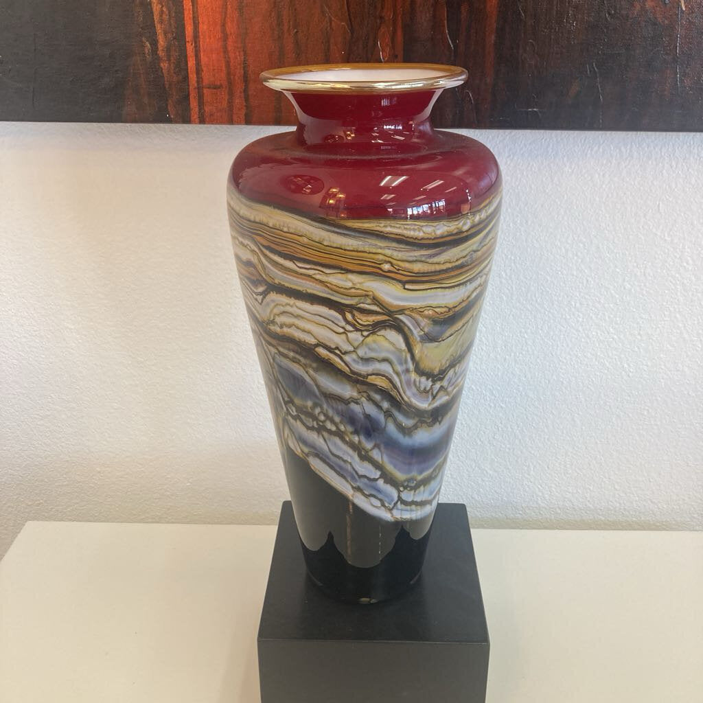 Hd Blown Art Glass Vase on Blk Base, Ruby Strata Artisan Crafted 17.5H