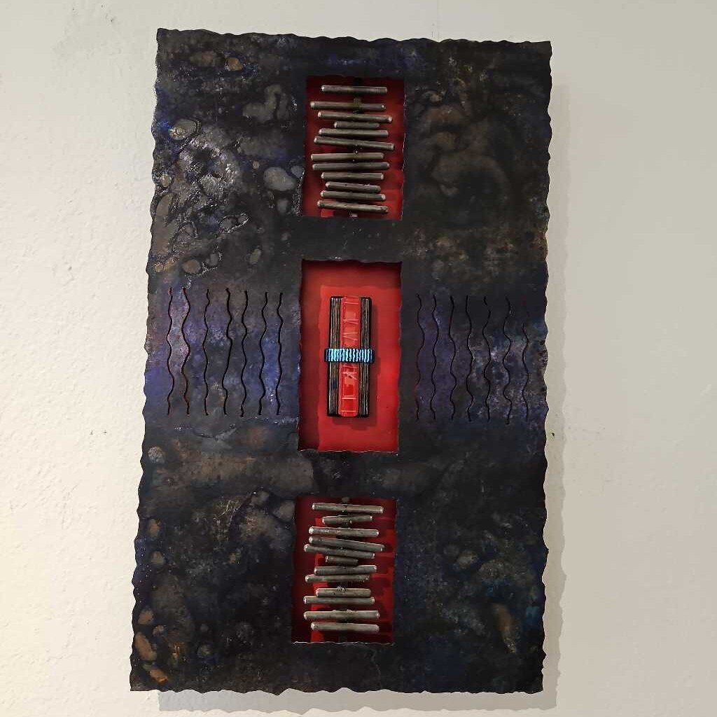 Flame Painted Copper & Resin Wall Art, Blue & Brown Patina, Signed 2012 13 x 21H
