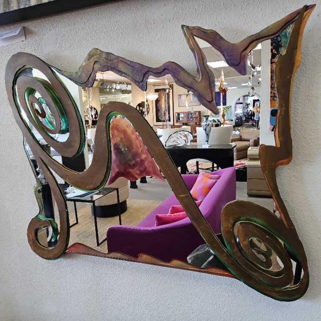 Artist Signed, Asymmetrical Decorative Mirror, Organic Border w/Metallic, Iridescent Finish 25 x 32.5