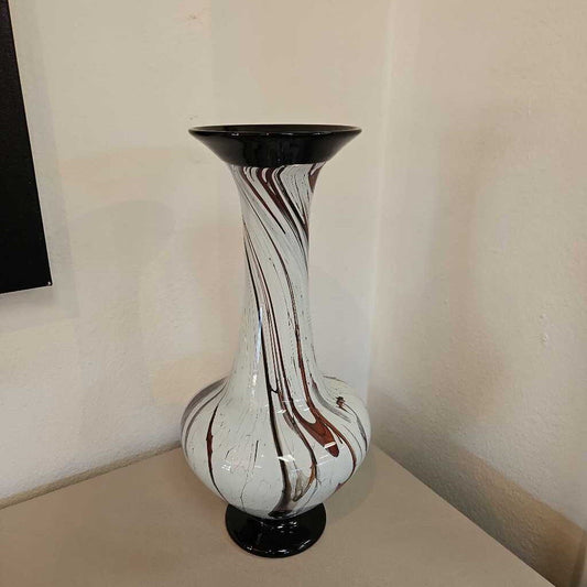 LaChausse Hand Blown Art Glass Vase, Marbled Blk,Grey,Brn Swirls, Blk Rim & Base 8Dia 16.5H