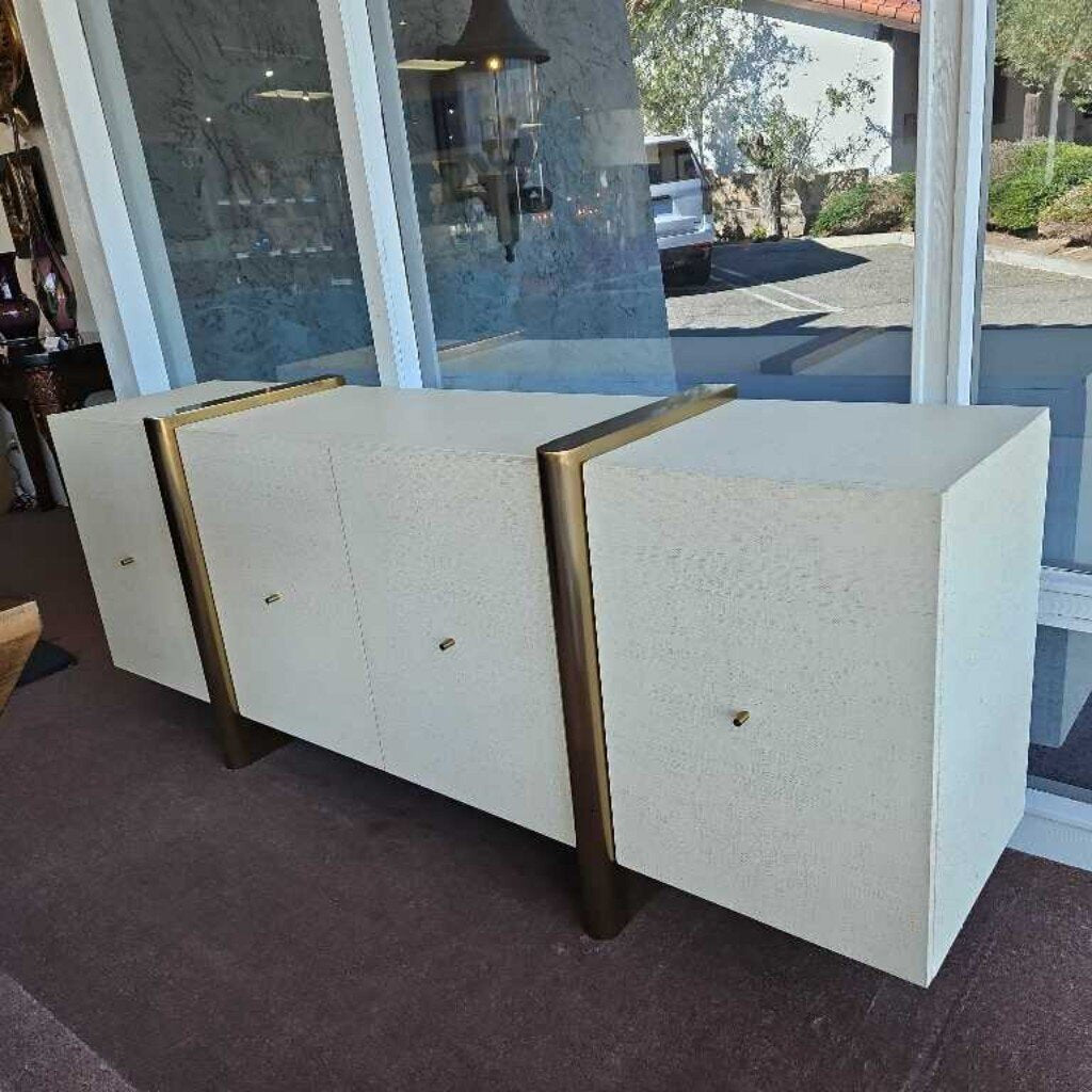 Dorset White Lacquered Linen Credenza by CB2, Brass Finished Legs 81W 18D 32H