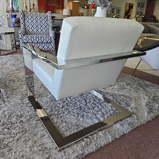 Arhaus Sabina White Leather Chair, Polished Stainless Steel 30W 31D 33H