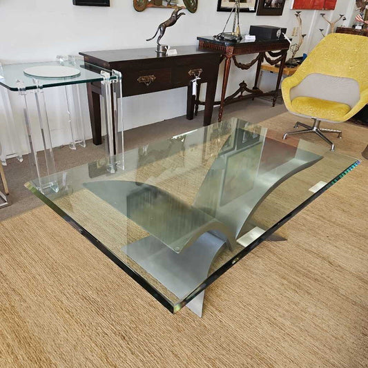 In The Style of Resign Institute of A.W, Coffee Table, Stainless Steel, Clear Glass Top w/Flat Polished Edge 60W x 35D x 20H