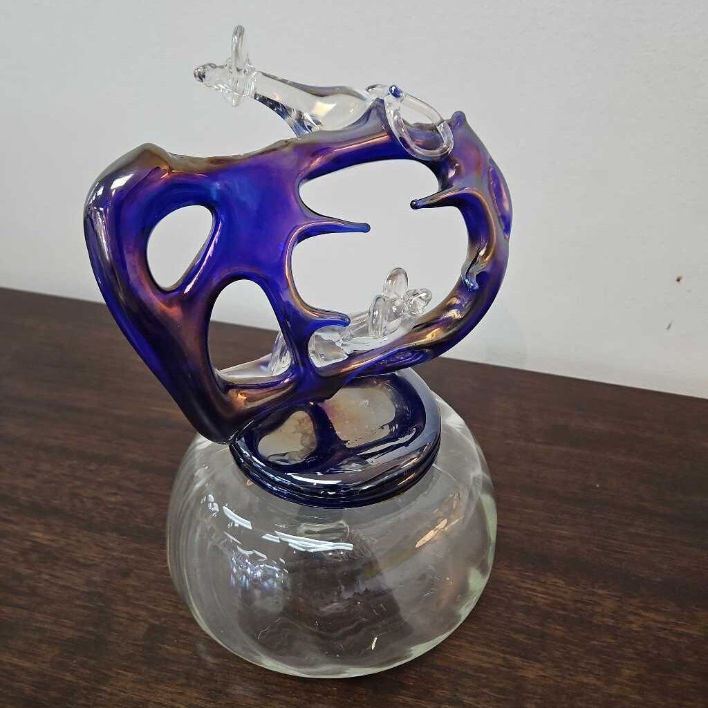 "Mouse Trap" 89 in the Style of Murano Clear Bell Shaped Base, Blue Iridescent Sculpture w/Clear Glass Mice