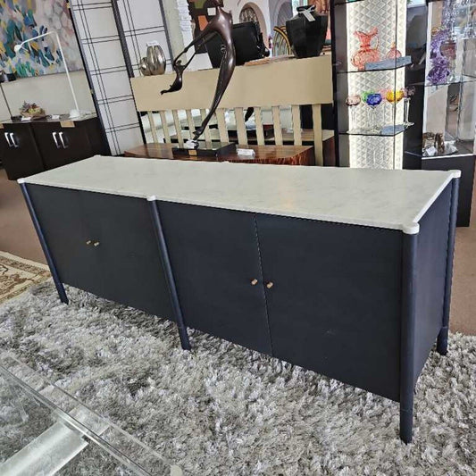 DWR Media Console, White Carrara Marble Top, Solid Brass Knobs 78W 20DD 31.75HH