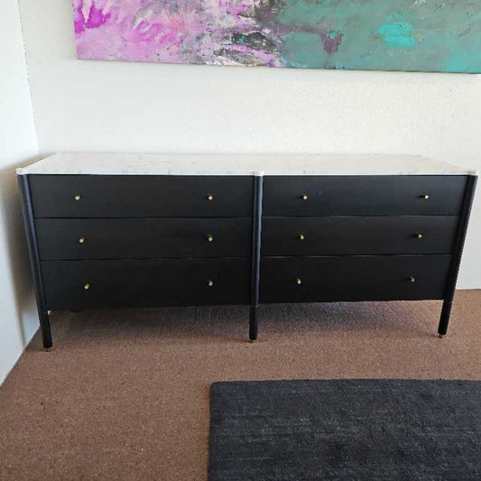DWR Morrison Dresser, 6-Drawer, White Carrara Marble Top, Brass Tone Knobs 74W 20D 32H