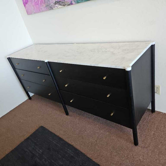 DWR Morrison Dresser, 6-Drawer, White Carrara Marble Top, Brass Tone Knobs 74W 20D 32H