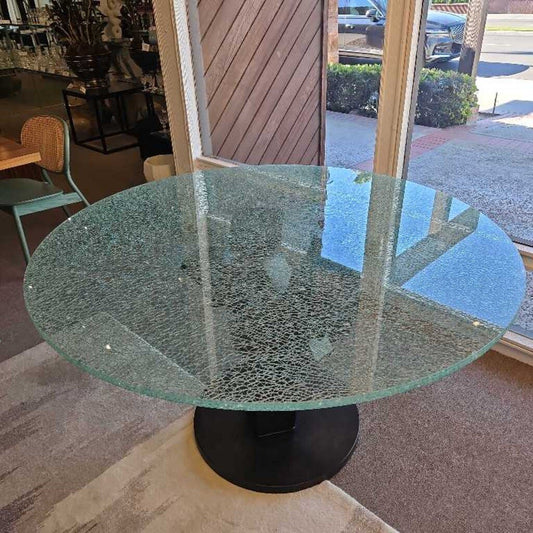 Italian Sculptural Black Iron Base Dining Table w/Crackled Layered Glass 54Dia 30H