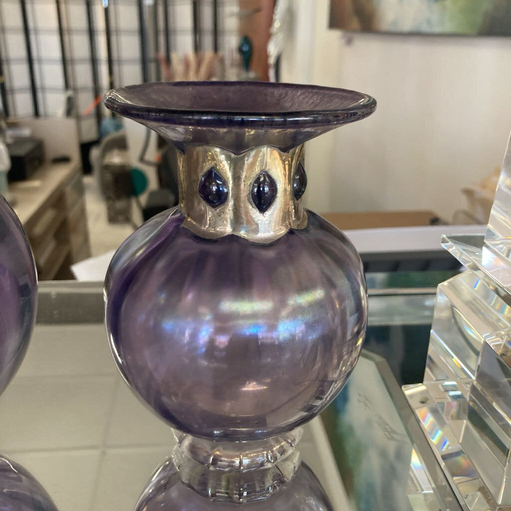 Iridescent Silvestri Mouth-Blown Glass Vase, Amethyst & Gold 3.5"Dia x 5.5"H
