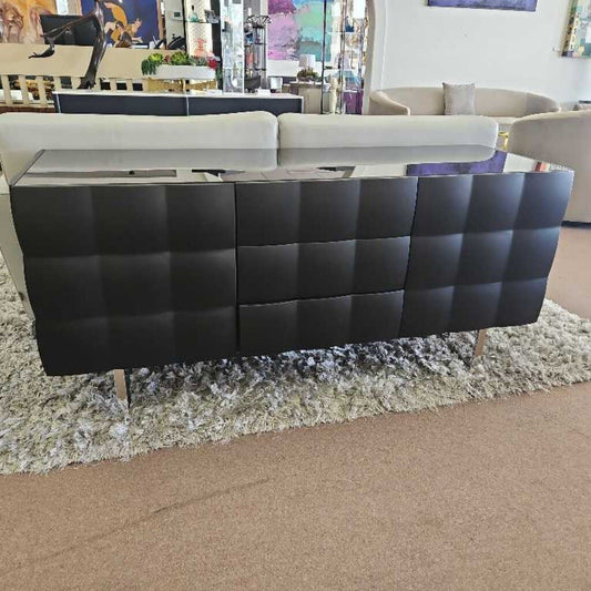 Venice Glass Top Sideboard by Gino Carollo for Tonin Casa, Matte Black/Chrome Metal 63W 21.5D 29.5H