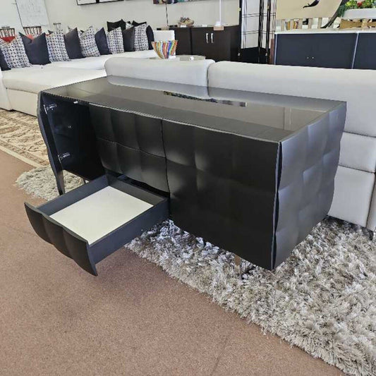 Venice Glass Top Sideboard by Gino Carollo for Tonin Casa, Matte Black/Chrome Metal 63W 21.5D 29.5H