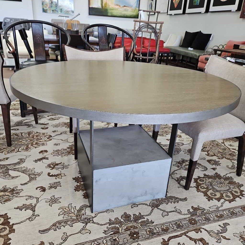 Round Dining Table, Wood w/Metal Vertical Supports, Concrete-Effect Material Base 48.25Dia 30H