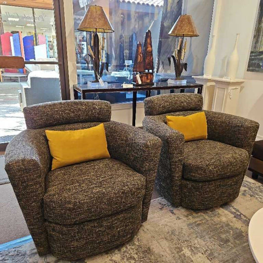 Modern Upholstered Swivel Arm Chairs w/Fixed Headrest 37W 35D 33H - PAIR