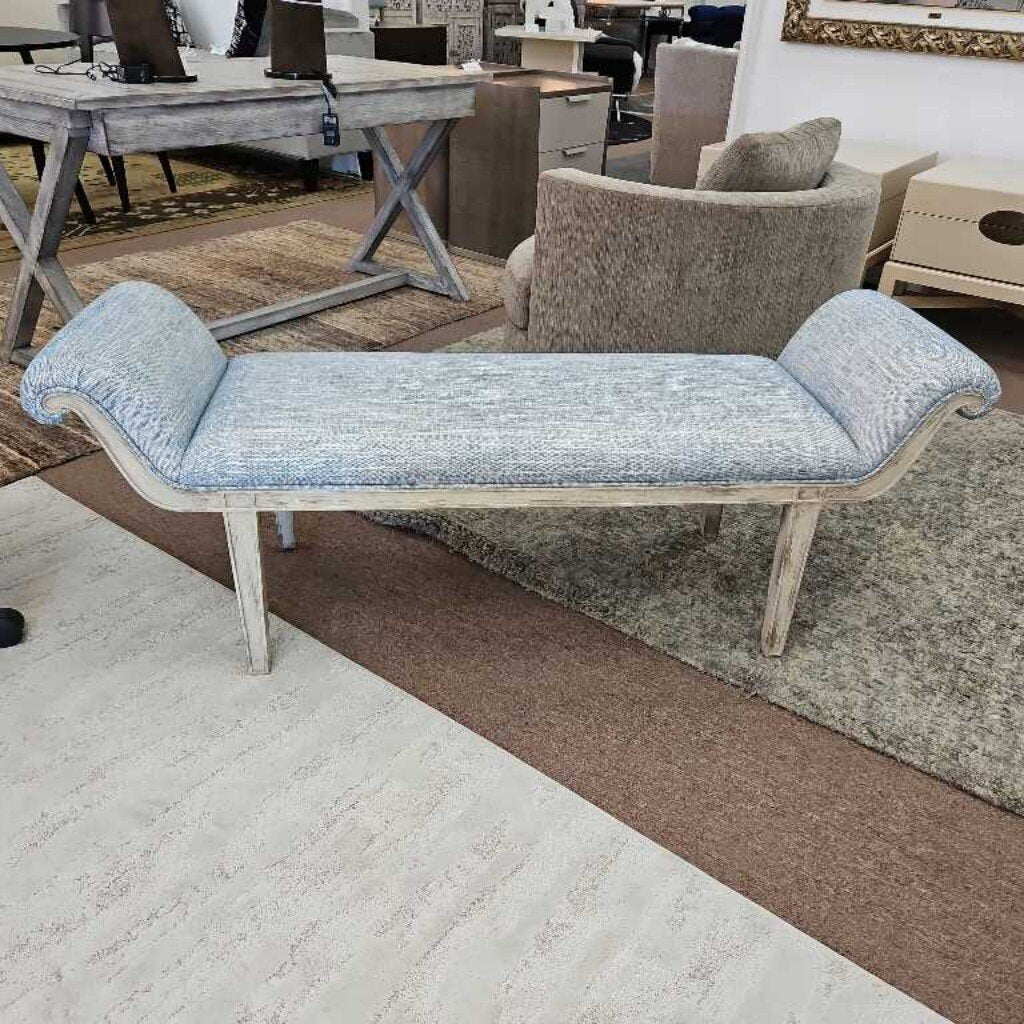 French Country Style Blue Upholstered Bench, Weathered Wood Frame 59.5W 18D 23H