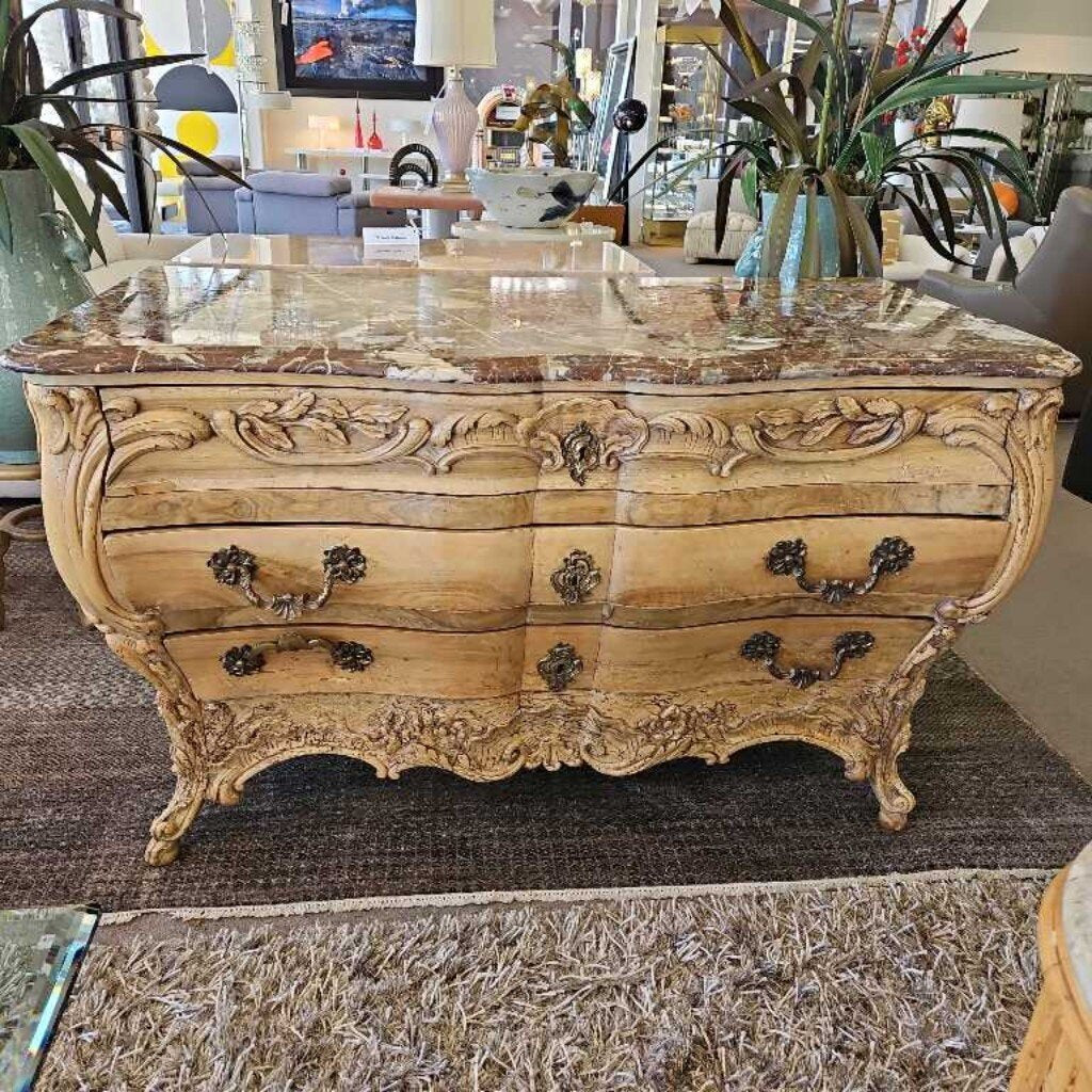 Authentic Louis XV Hand-Carved Bombe Commode Chest, Brass Handles, Marble Top 55.5W 27D 33.75H