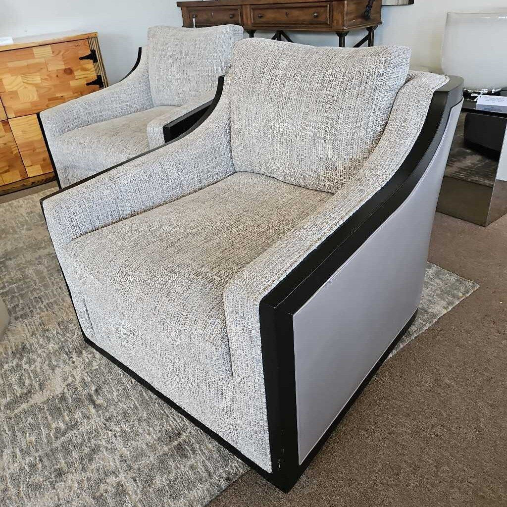 Century Furniture Custom Swivel Chairs, Grey Leather, Black Wood Frame w/Light Grey Upholstery (PAIR) 35W 43D 31H