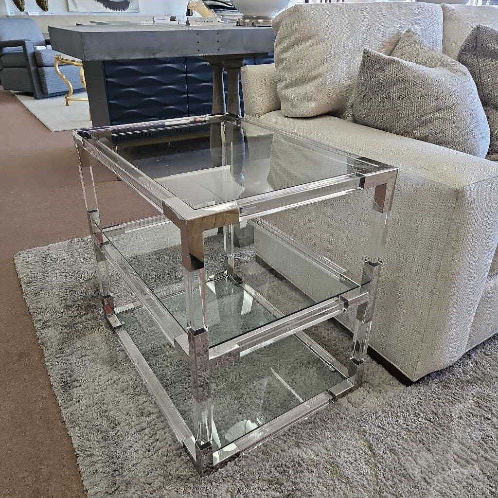 Chrome & Lucite Rectangle End Table, 2-Shelves 28W 20D 26H