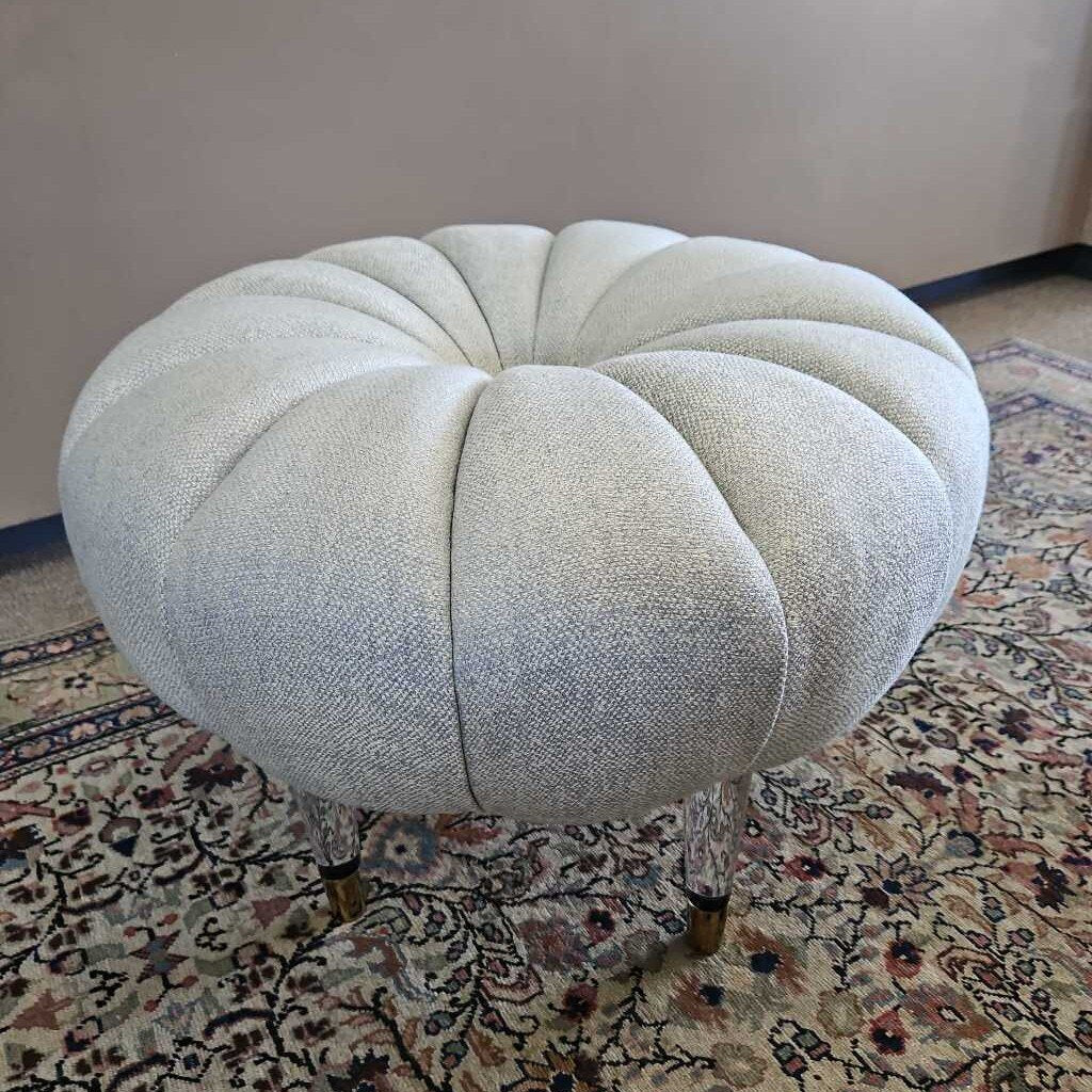 Ambella Oops A Daisy Ottoman, Upholstered w/Lucite & Brass Legs 23.5"Dia x 17.5"