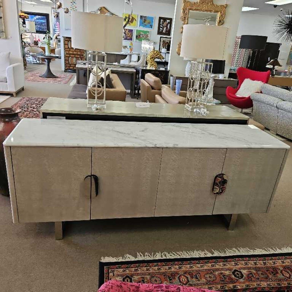 Four-Door Credenza, Brushed Grey Finish, Metallic Pulls 78W 20D 31.5H