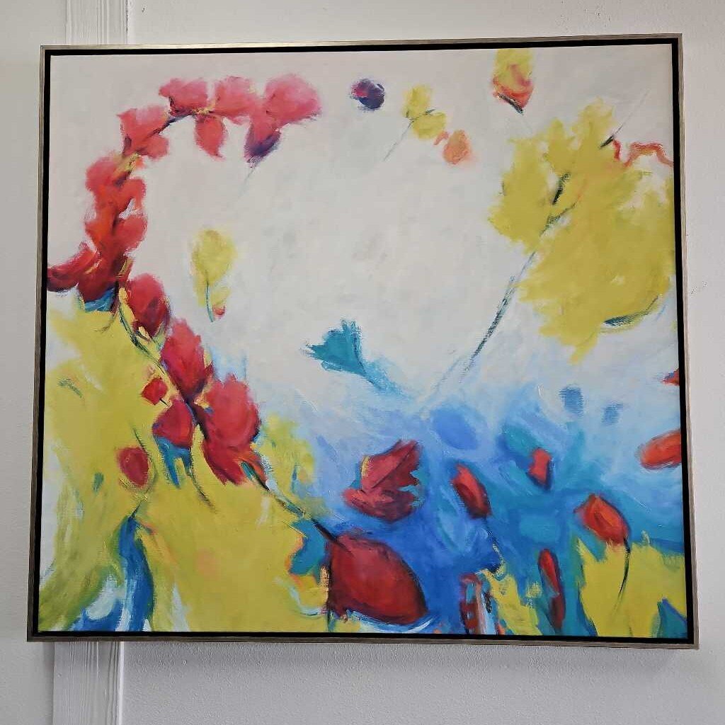 Signed Cheryl Appe Oil on Linen Floral in Primary Colors 47 x 43.5