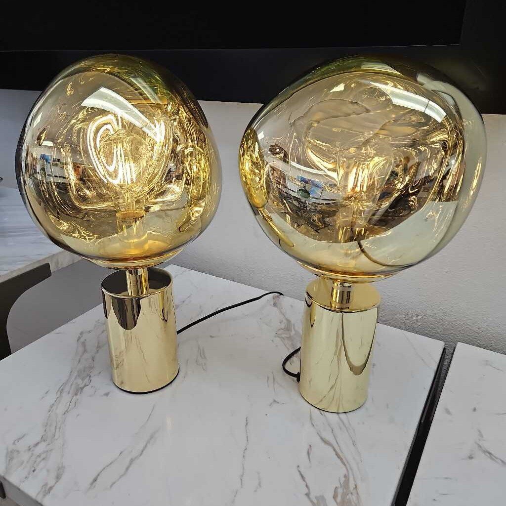 Tom Dixon Melt Table Lamps, Gold Top, Gold Cylindrical Base 18"H (PAIR)