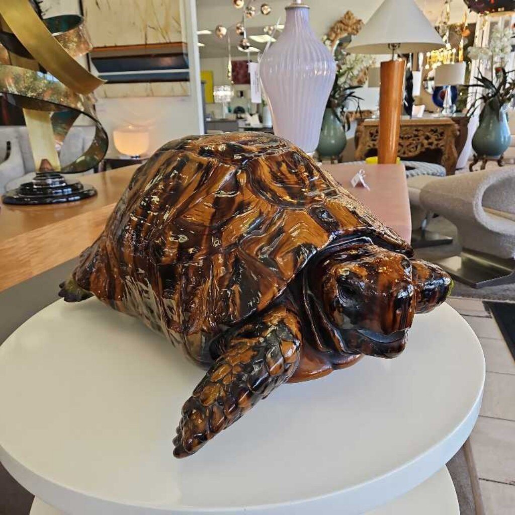 Mid -Century High Gloss, Hand Painted Finish, Detailed Shell Pattern Tortoise 25.5W 20D 12H