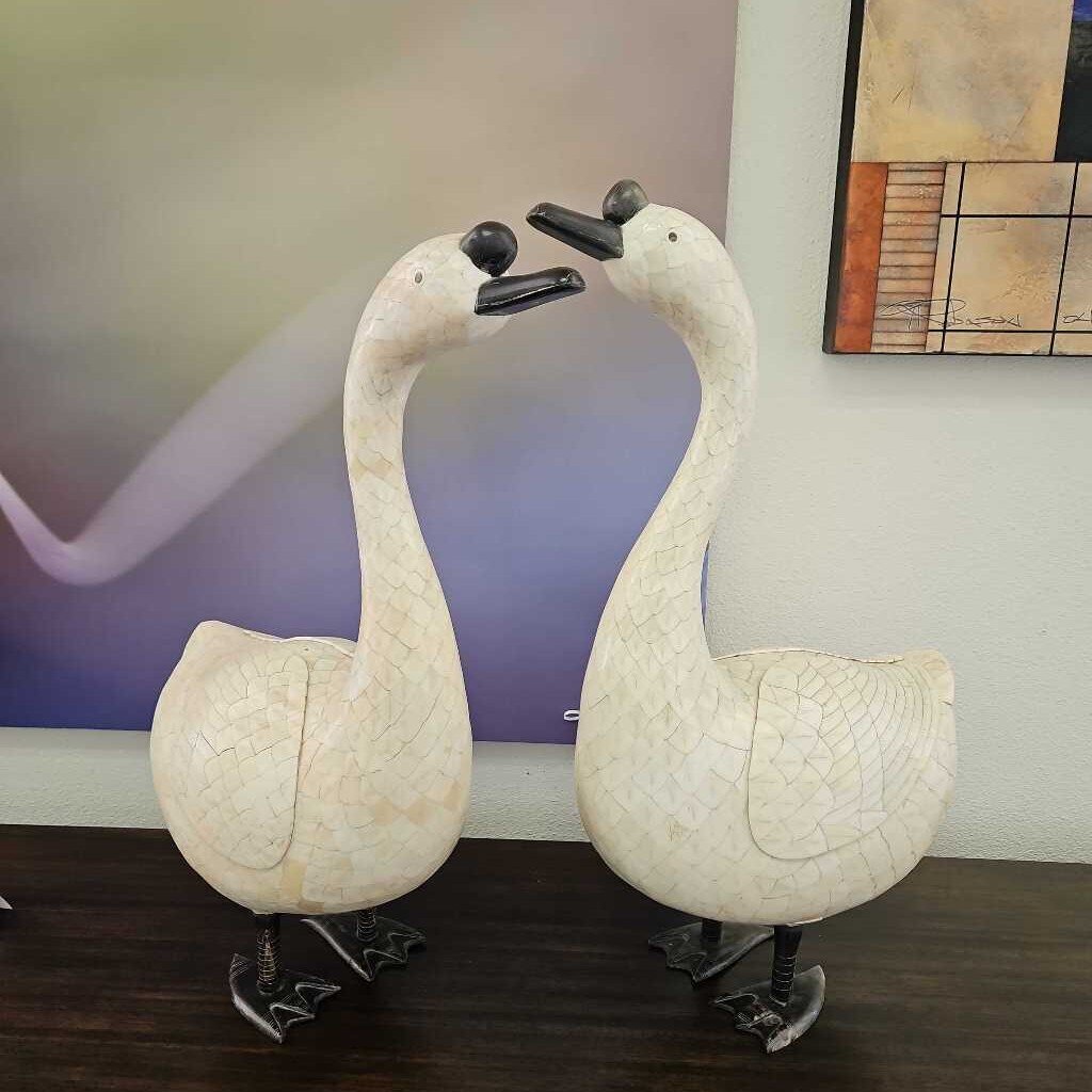 Vintage Folk Art Swan Sculpture, Carved Wood Head & Neck, Mosaic Tiled Body, Dark Metal Feet 17W 8D 26.5H - PAIR