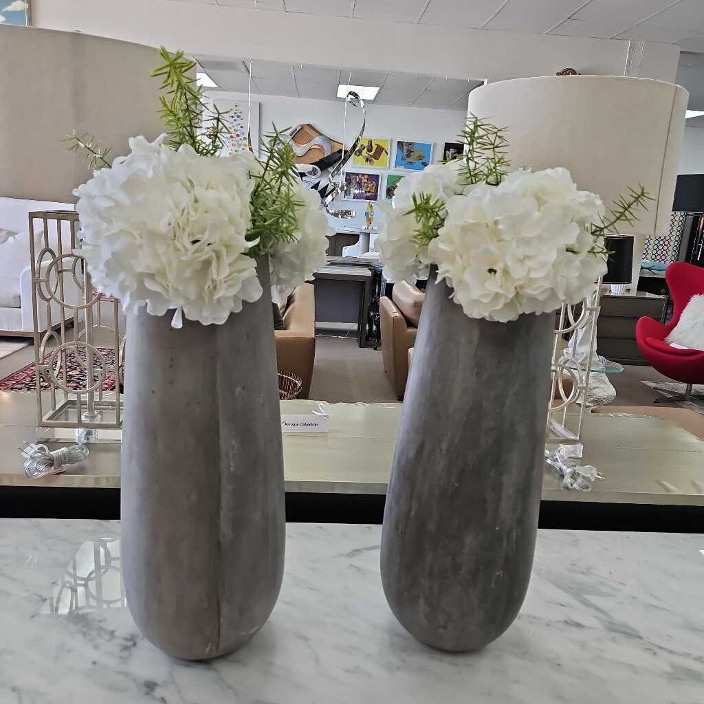 Ceramic Grey Washed Finish Vase w/Silk Hydrangea 24.5H - PAIR