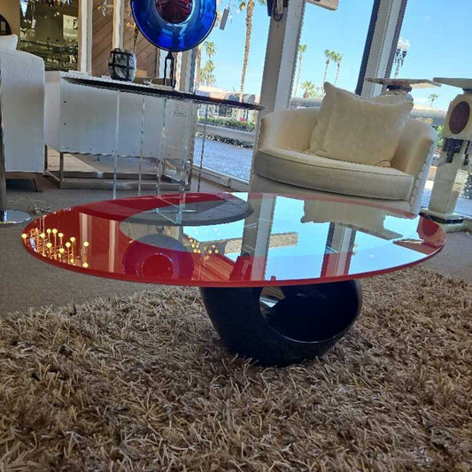 Clear Oval Glass, Red Border Coffee Table, Sculpted Hi Gloss Black Base 47.25W 27.5D 13H
