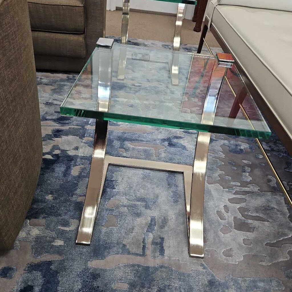 Side Table, Sleek "Z" Frame Polished Nickel, Cantilever Glass Top 16Sq 20H