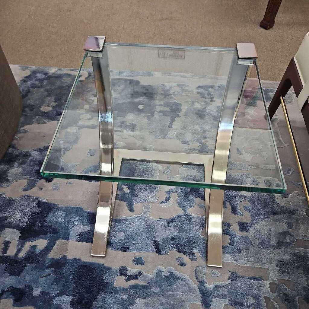 Side Table, Sleek "Z" Frame Polished Nickel, Cantilever Glass Top 16Sq 20H