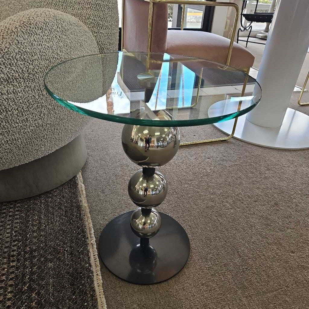 Modern Stacked Polished Chrome Globes Base Glass Side Table 18Dia 20H