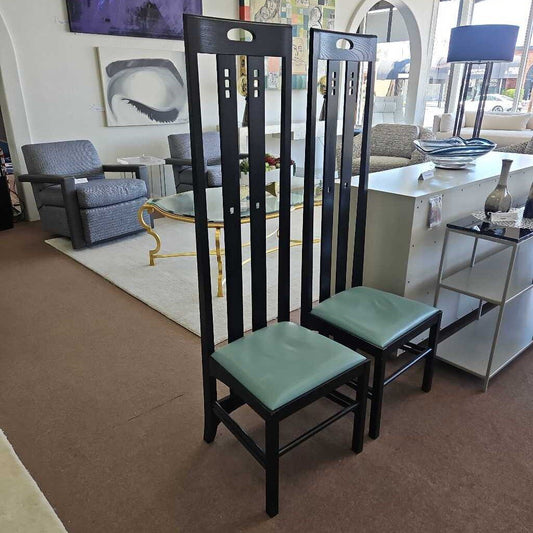 Chas. Rennie Mackintosh-Style Ingram Hi-Chair, Ebonied Wood, Slated Back 18.5W 17D 59H - PAIR