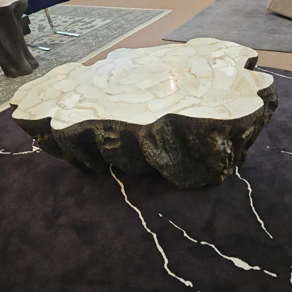 Palecek Chloe Fossilized Clam Shell Coffee Table, Stonecast Base of Natural Tree Trunk Mold 43.5 x 30.5 x 17.5