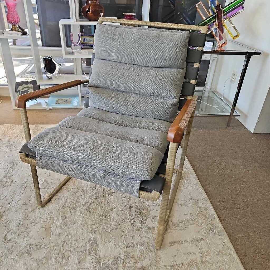 Lockram Steel Arm Chair, Lthr Straps, Steel Frame Wrapped in Lthr, Channeled Perennial Fabric 26.5W 30.5D34.75H