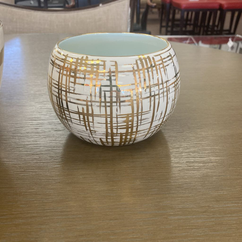 Signed Jill Rosenwald White Ceramic Mini Bowl, Metallic Gold Accent 4.75Dia