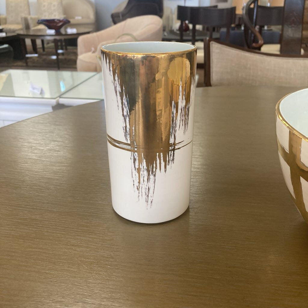 Signed Jill Rosenwald White Ceramic Cylindrical Vase, Metallic Gold Accent 3.5Dia 6.5H