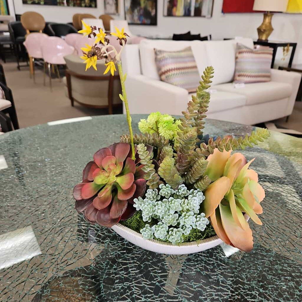 Ribbed Ceramic Bowl w/Succulents & 4Stones Floral Arrangement w/Driftwood 12Dia
