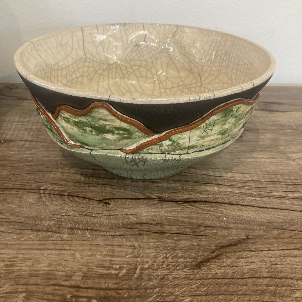 Handcrafted Landscape, Crackled White Interior Ceramic Bowl, Signed (Bill) Herb 81', 5.5H 11Dia