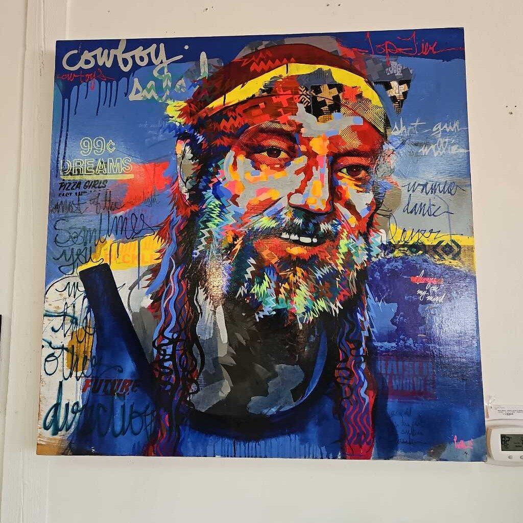 "Willie Nelson" Original Acrylic on Board, Song Titles, "Cowboy" "99 Cent Dreams" "Always on My Mind" 47.75W 47.5H