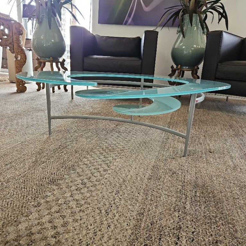 1990's Giorgio Cattelan Spiral Coffee able for Cattelan Italia, Frosted Glass Top & Steel Base 45Dia 13.5H