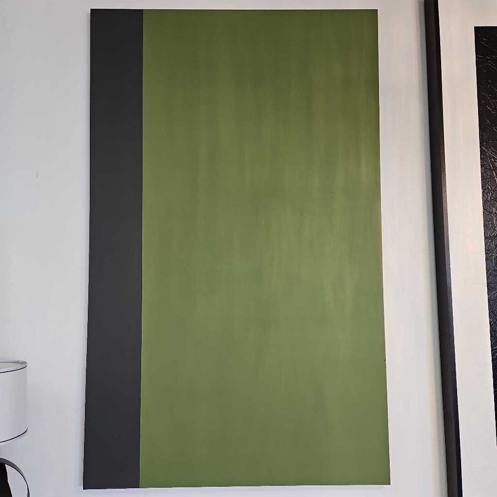 Minimalist Abstract Color Block Wall Art, Dominant Olive Green w/Narrow Dark Vertical Stripe 49.5 x 80