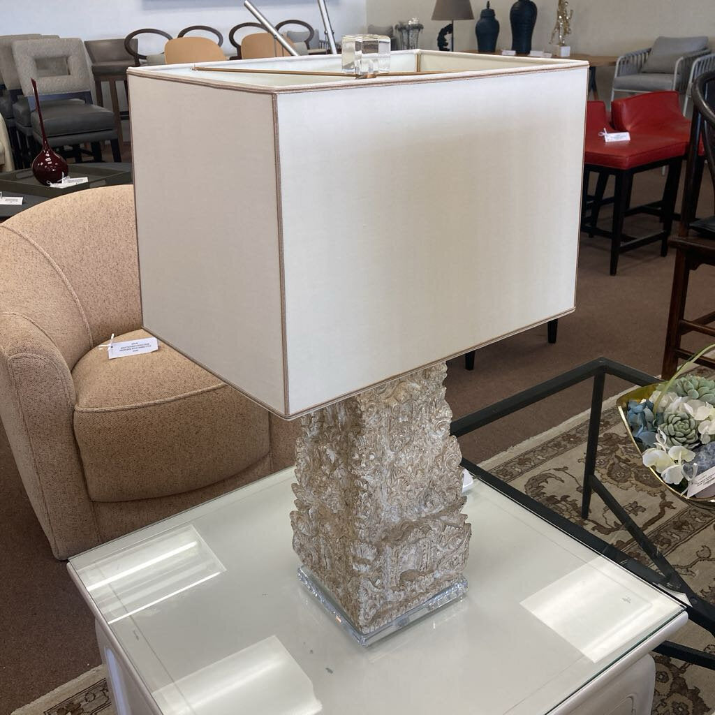 Cast-Plaster Figurative Relief Carving, Lucite Base Table Lamps w/Shades - PAIR