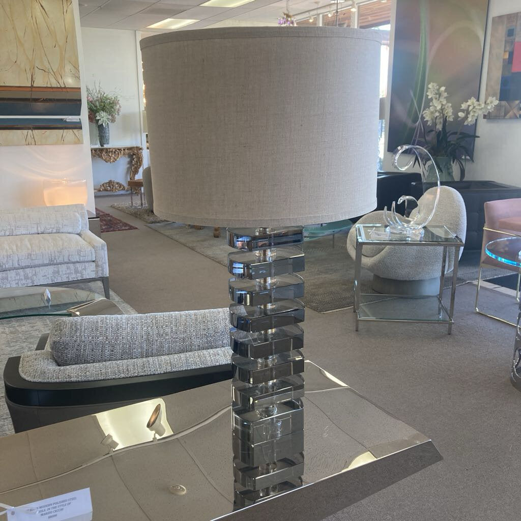 Jamie Young Stacked Geometric Column Smoked Glass, Chrome Base Table Lamps 30.5H - PAIR