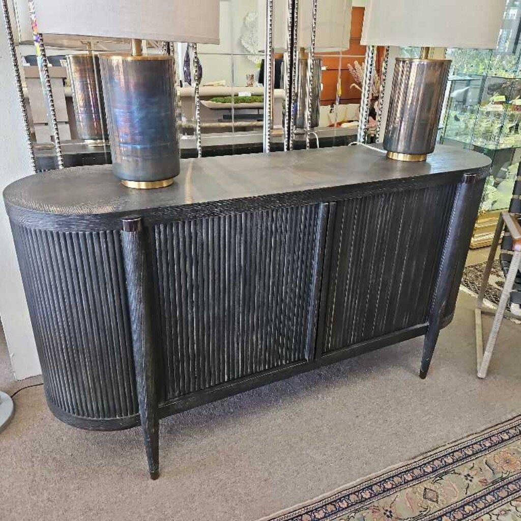 Uttermost Tambour Cabinet in Black Ceruse, Fluted Wood Detailing 64W 18.25D 34.25H