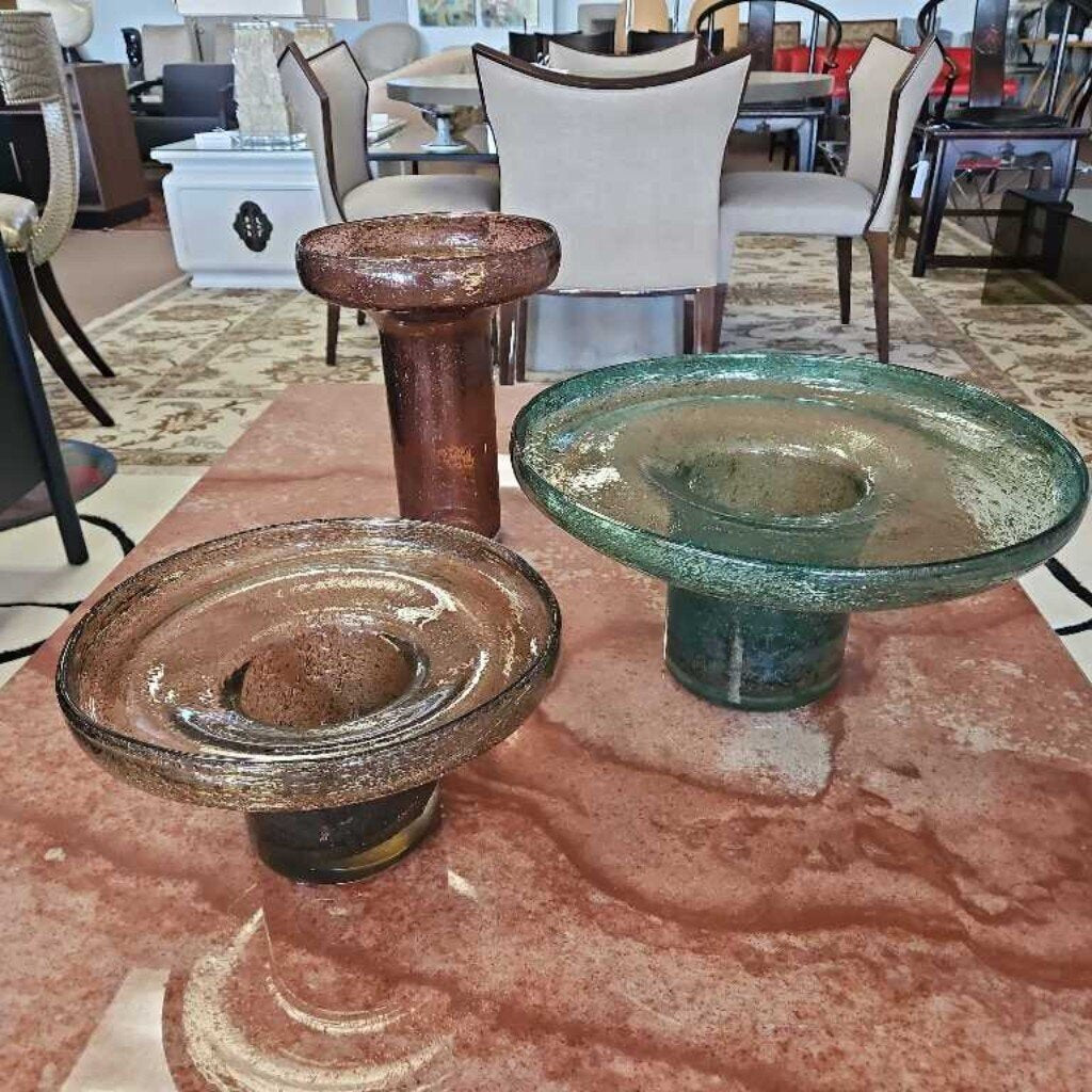 Arteriors Phoebe Glass Vases; Teal smoke 8H 15Dia, Drk Smoke 6H, 10.75Dia, Rose Soke 11.75H 8.75Dia (Set of 3)