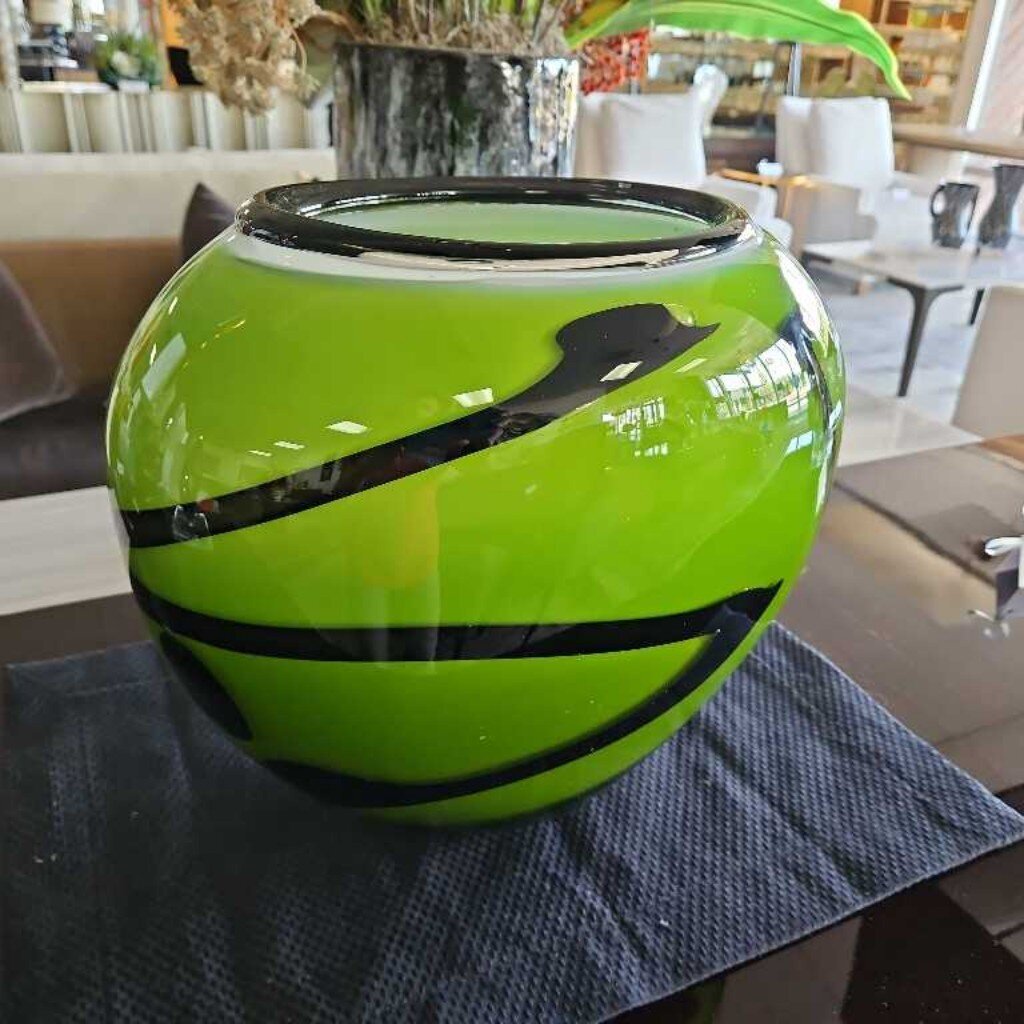 Hd. Blown Art Glass Vessel, by Tony Jonola-Blk Diagonal Striping, Lime-Grn. Abstract 12.5 x 8.5 x 11H