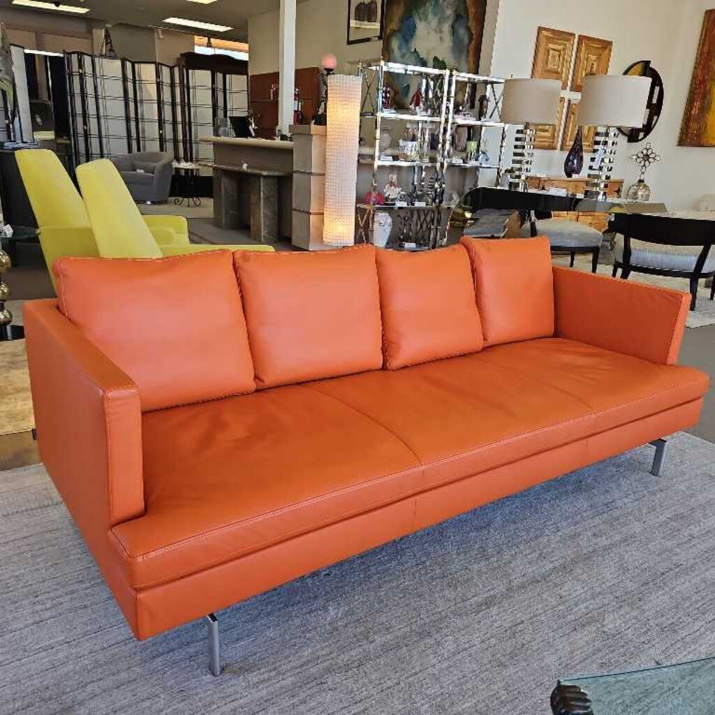 Ligne Roset Stricto Sensu Orange Leather Sofa 80W 34D 29H