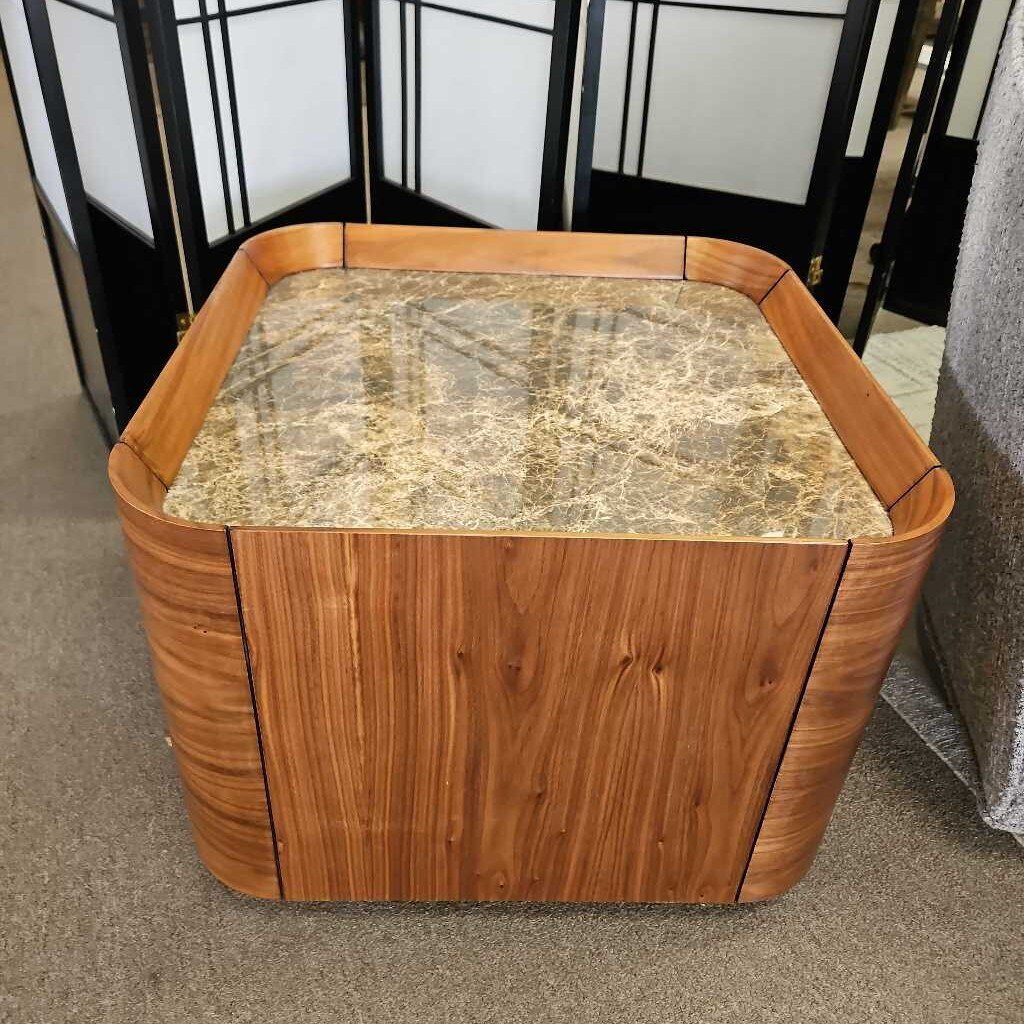 Curved, Cube-Style Burl Veneer Cocktail Table 23.5Sq 18H